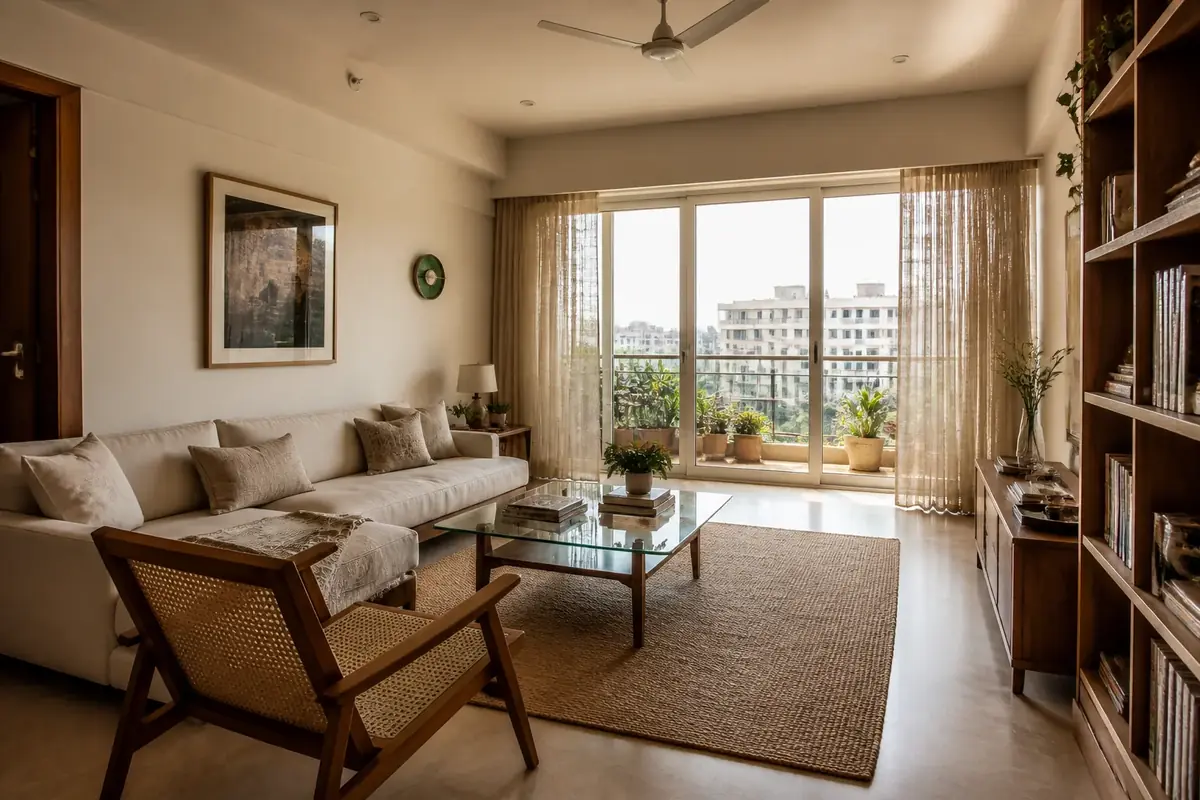Warm contemporary Indian apartment living room