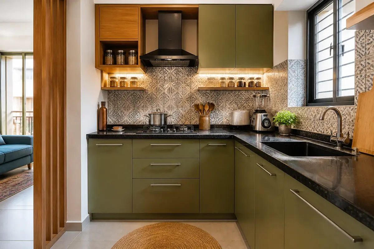 Compact olive and wood modular kitchen
